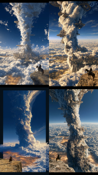 epic fantasy landscape, low angle shot, giant towering tornado-shaped cloud pillar straight through the deep blue sky, countless grand magical ancient cities and circular suspended platforms built on the surface of the cloud pillar, golden hour sunlight gilds all cloud edges, vast rolling sea of clouds spread out under the cliff, glowing golden terrains faintly visible under the cloud layer, lone knight rides a horse standing on the dry rocky cliff edge in the foreground overlooking the giant scenery, volumetric cloud, dramatic cinematic god ray lighting, hyper detail, 8k, ultra wide grand perspective, fantasy concept art
