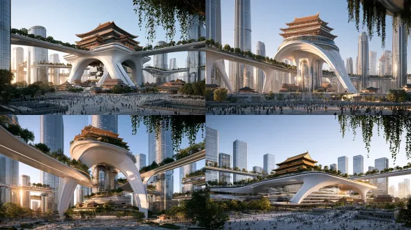 epic futuristic sinofuturism megacity, central landmark architecture with massive curved white futuristic arch support, top of the building is stacked traditional chinese imperial palace with golden glazed roof and upturned eaves, surrounded by dozens of sleek ultra-tall glass skyscrapers, elevated air corridors lined with green trees connecting different towers, foreground vast stone public square full of crowds, small traditional chinese palace buildings scattered at the base of central building, golden hour warm sunset side lighting, clear bright blue sky, hanging ivy vines at top right corner, wide-angle low-angle shooting, photorealistic, ultra-detailed, 8k, unreal engine 5, cinematic render, atmospheric haze, grand epic atmosphere, hdr
