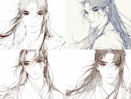 纯线稿，无过渡，线条没有轻重之分只有粗细之分，高马尾半扎长发男青年正脸，中分刘海，眉心一颗小痣，菩萨般的细长眼睛微眯，稍微有点忧郁无奈的八字眉，微笑，轮廓流畅，一手握剑，有冲击力的构图，不对称构图