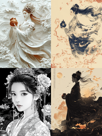 a chinese celestial maiden in dynamic spiral pose, wearing miao silver headdress and batik cloud-patterned robes, holding ancient bronze wine vessel, surrounded by abstract chishui river waves and sorghum clusters, wu daozi-style ink brush strokes with varying line weights, monochrome line art