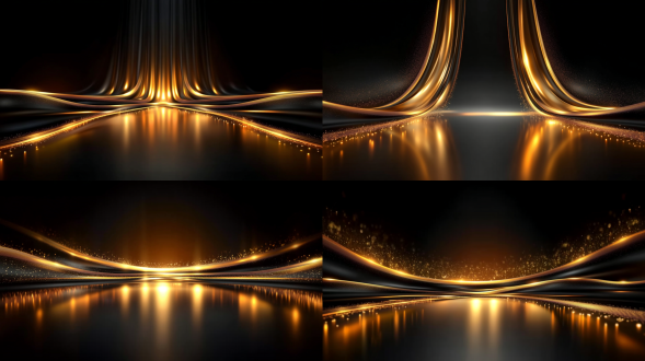 黑金色背景，对称构图，大气场景，中央物体有倒影，顶光，高饱和度，4k画质，静态画面，电商背景，金属质感，镜面反射，奢华感，极简主义，商业摄影，黄金比例，高清细节，柔和阴影，高端产品展示，视觉冲击力，沉稳色调，精准对焦。