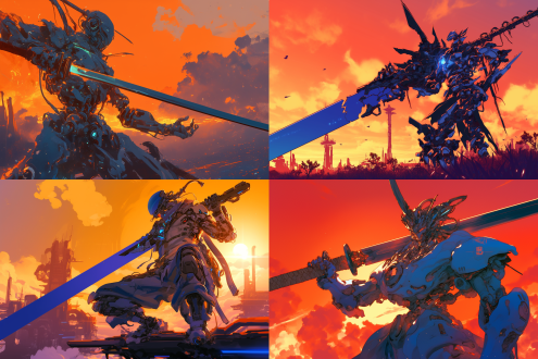 夕阳下中国风机甲，全身蓝白，手握巨剑半跪，巨剑插地，战损痕迹，胸部头部细节，机械感漫画风，半身逆光，金属质感动态模糊，橙红天空对比强烈，低角度，未来城市背景，高光细节，冷暖色调对比，光影交错，力量感战斗姿态，低角度，4k，丁达尔效应，oc渲染器。 未来城市 中式赛博 点彩派