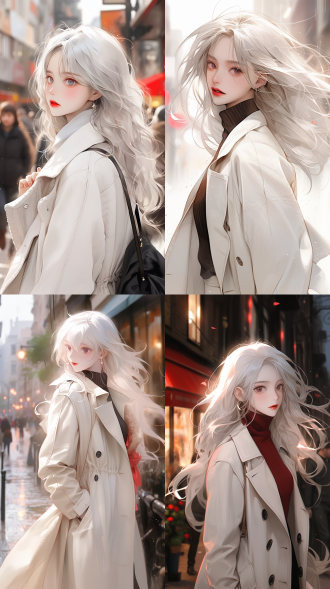 街头少女插画，白色头发随风摆动，轻快的步伐走在街道上，三分构图，闪闪发光的红色眼眸，樱桃小嘴，活力四射，周边都是一些小商铺，暖色调，构图精准，最好有特写镜头，身上穿着白色风衣，并且有lol的字母标识。