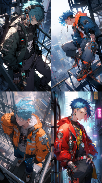 赛博朋克，男机械师，朋克外套，在户外的摩天高楼中，机械义眼，三分构图，蓝色头发