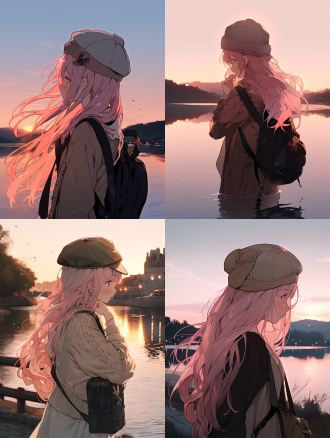暖色调，夕阳的黄昏，回家的少女，粉色长发飘飘，倒影在夕阳下，头上有一定贝雷帽，小清新的连衣裙，背着一个小书包，三分构图，力度把控，温馨 卡通