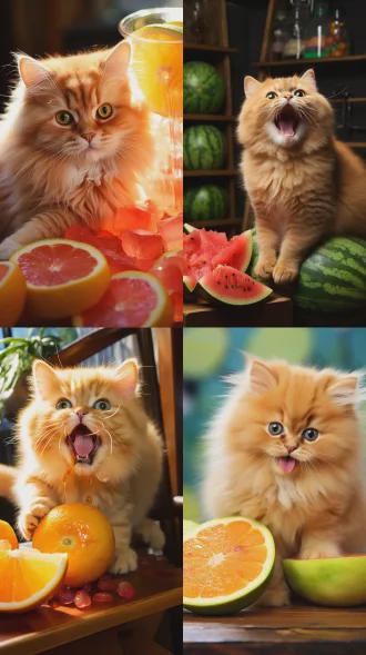 金黄色橘猫手持西瓜大快朵颐，中心构图，坐在客厅小板凳上，暖光特写镜头，生动神态色彩鲜艳，动作专注画面有趣，柔光，自然表情，毛茸茸质感，西瓜汁滴落，生活化场景，温馨愉悦。