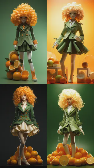 超现实主义 3d 时尚人偶，由橙子制成，站在白色盘子上，绿色果皮构成风衣、短裙、过膝靴、手提包和卷发，橙色果肉构成内搭与腿部，影棚灯光，细节丰富，创意食物时尚，8k高清，中心构图，柔和漫射光，哑光质感，明亮色彩，生动有趣。