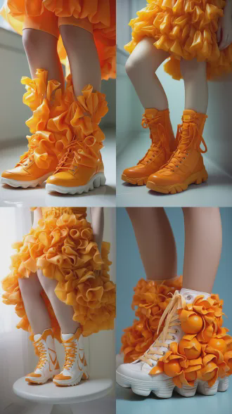 超写实食物雕塑，女性形象，橙色卷发，风衣短裙靴子由橙子皮制成，上衣丝袜由橙子瓣构成，站立白色瓷盘，柔和光线突出水果纹理，照片级真实，超现实主义，微距镜头，浅景深，工作室灯光，细节特写，新鲜质感，橙色调，生动活泼。