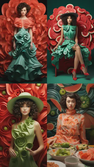 创意食物艺术，超现实数字插画，全身像，西瓜切片构成发型与服饰，卷发由红色果肉与黑籽堆叠，连衣裙为果肉切片拼接，靴子由绿色外皮制成，红绿菱格包，精致耳环项链，白色椭圆瓷盘背景，鲜艳饱和色彩，丰富细节，柔和光影，高清质感，对角线构图，特写镜头，柔光，食材纹理，时尚设计，轻盈姿态，喜悦表情