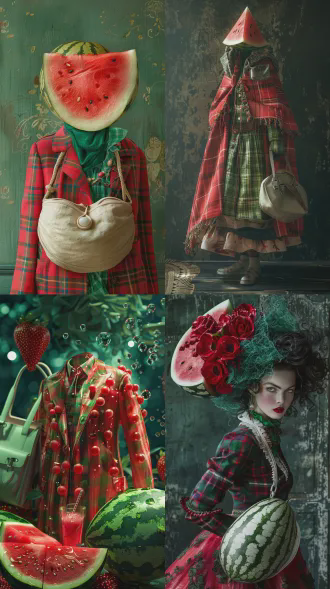 创意食物艺术超现实数字插画，全身像，西瓜切片风衣红绿麦格包，精致饰品白色椭圆包，特写镜头，柔光，食材纹理时尚设计，轻盈姿态，高细节8k商业摄影，超现实风格，柔和漫射光，高饱和度，优雅自信。