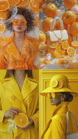 创意食物艺术，超现实数字插画，全身像，橙子切片风衣与果皮手提包，精致珠宝，白色椭圆包，特写镜头，柔光，食材纹理，时尚设计，轻盈姿态，高细节，8k，商业摄影风格，鲜艳色彩，生动表情，工作室背景，环形光，静物构图，高级感。