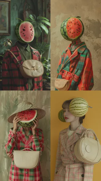 创意食物艺术，西瓜切片构成头部，超现实数字插画，全身像，红绿格纹布料风衣，精致米色椭圆包，特写镜头，高细节8k商业摄影，柔光，食材纹理，时尚设计，轻盈姿态，柔和漫射光，高饱和度，优雅自信。
