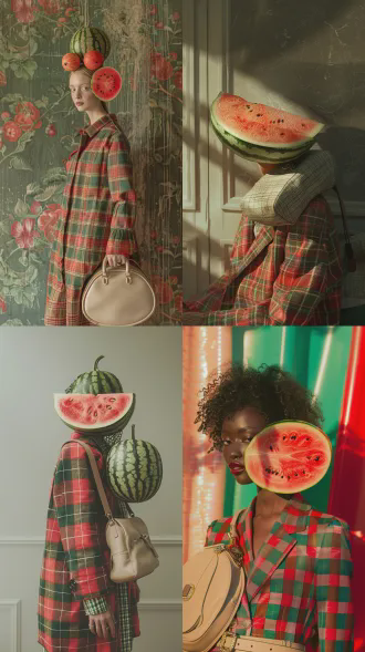 创意食物艺术，超现实数字插画，全身像，西瓜切片构成头部，红绿格纹布料风衣，精致米色椭圆包，特写镜头，柔光，食材纹理，时尚设计，轻盈姿态，8k商业摄影，超现实风格，柔和漫射光，高饱和度，优雅自信。