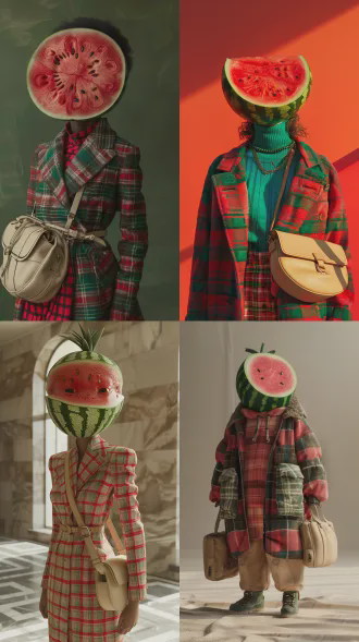 超现实数字插画，全身像，西瓜切片头部，红绿格纹风衣，米色椭圆包，特写镜头，柔光，食材纹理，时尚设计，轻盈姿态，8k商业摄影，超现实风格，柔和漫射光，高饱和度，优雅自信。