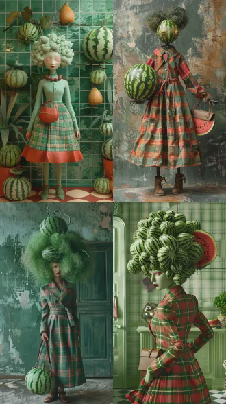 超现实主义食物艺术全身像，西瓜皮构成红绿格纹风衣手提包和卷发，西瓜果肉构成头部和腿部，无人类面部皮肤，完全由西瓜构成，站在复古背景前，影棚柔光，高细节8k商业摄影，食材纹理清晰，中心构图，竖屏9:16，柔光箱，浅景深，色彩鲜艳，创意静物，材质突出。