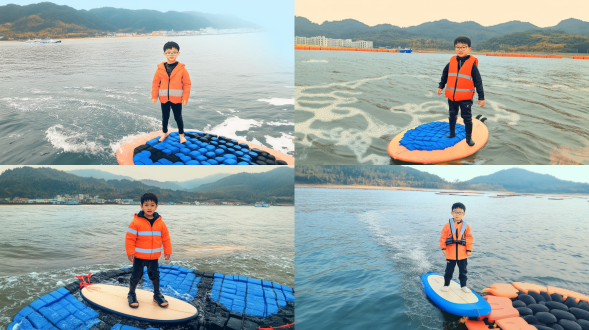 一个小男孩在地图指定的东海面上冲浪