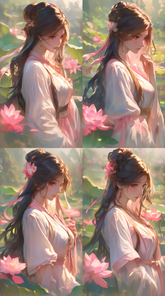 美丽长发女孩穿传统旗袍站在荷花池中，发髻插花侧脸凝视，荷叶环绕荷花盛开，柔和暖光营造宁静氛围，对称构图，浅景深，自然光，丝绸质感，淡雅色调，优雅仪态，古风意境，柔焦效果，水面倒影，传统发簪，细腻肤质，温婉表情。