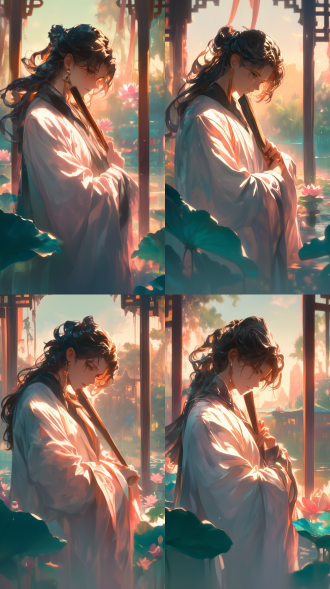 长发男孩穿汉服立于荷花池，手持折扇侧脸凝视，荷花盛开绿叶环绕，柔光温暖宁静祥和，浅景深黄金时刻自然光，中长焦镜头柔焦效果，淡雅色调细腻纹理优雅姿态，古典韵味和谐构图低饱和度诗意氛围。