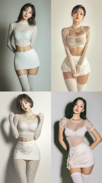 一位亚洲年轻女性，身穿浅色系紧身薄纱上衣和超短裙，搭配白色长筒袜，露肩露脐设计，眼神美丽自然，身材曲线优雅，姿势自然自信。图像为全身写实风格，4k超高清分辨率，柔和光线处理，皮肤纹理细腻，服装材质真实，具有电影感的景深效果，整体画质清晰锐利，构图专业。