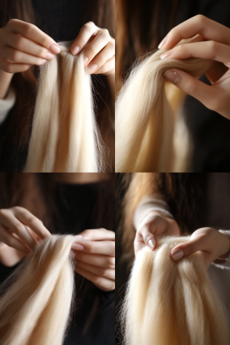 写实风格，女孩手里拿着一些深棕色的棉羊毛，羊毛细腻丝滑有光泽，如流水般垂躺在女孩的手中，画面的光线曝光适中，影调偏暗，纯黑色背景，超真实，超清晰，4k画面