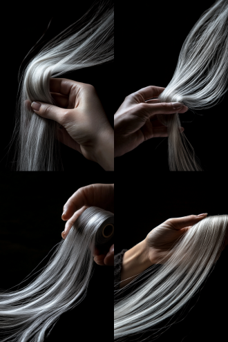 写实风格，女孩手里拿着一卷深棕色的棉羊毛，女孩的皮肤成古铜色，羊毛细腻丝滑有光泽，羊毛蓬松有质感每一根几乎都清晰可见，画面的光线曝光偏暗，影调偏暗，纯黑色背景，超真实，超清晰，4k画面