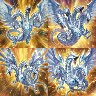 yu-gi-oh! official trading card art style, four-headed cyber blue eyes dragon, full body, glossy pearlescent silver-white armored body, large number of embedded luminous sapphire blue round gems on the surface of the armor, sharp angular spiky mechanical design, 4 pairs of huge sharp mechanical feather wings, open roaring red maw, fierce glowing blue pupils, dynamic golden radial light burst background, golden speed line light effects, dramatic backlighting, high detail, crisp edge, vivid saturated color, fantasy anime illustration