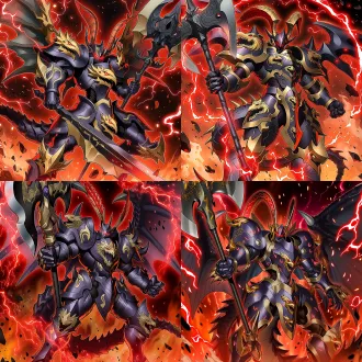 epic chinese fantasy blazing war god, full body intricate dark purple gilded heavy armor, every armor plate carved with snarling golden dragon heads, glowing crimson magic energy lines run across the whole armor, helmet adorned with two long curved red-gold pheasant tail plumes, glowing red eyes behind dark visor, wielding massive ornate dragon-head rune battle halberd, dark scaled dragon wings spread out behind, standing in raging sea of fire, crackling bright red lightning arcing all around, flying embers and shattered debris, dramatic fiery rim lighting, saturated bold red purple gold color palette, anime tcg card illustration style, hyper detailed, grand imposing combat atmosphere, ultra sharp lines, 8k ultra hd