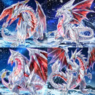 masterpiece, official yu-gi-oh trading card illustration art style, polygonal sharp ice crystal armored dragon, segmented white ice plating with bright red thin line trim, translucent red to pink glowing crystal body under the white plating, small golden accent decorations on dragon head and fan-shaped tail ornament, gradient red translucent membrane dragon wings with sharp white ice frame edge, glowing yellow sharp pupil, faint purple neon outline around the whole dragon, the dragon stands on frosty frozen ice surface, background dark blue starry snowing sky with distant huge ice mountain silhouette, floating snowflakes and ice particles, epic powerful fantasy monster, clean sharp linework, vibrant saturated color
