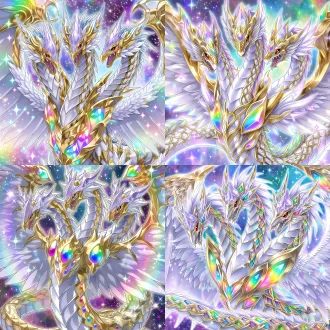 yu-gi-oh! official trading card illustration, three headed holy divine dragon, three elegant dragon heads decorated with pale purple ornate helmets, sharp red pupils, six huge white feathered wings with shiny golden trim, dragon body with white and light lavender scales, inlaid with exquisite golden armor and glowing iridescent rainbow gems, floating in glittering iridescent nebula sky, scattered star sparkles all around, smooth bold clean line art, bright saturated color, soft holy glowing aura, fantasy sacred beast, epic magnificent atmosphere
