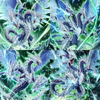 yu-gi-oh! official trading card illustration style, 4-headed feral legendary ice dragon, body covered in sharp jagged white crystal protrusions with thin glowing red veins, deep cobalt blue segmented dragon scales, large translucent iridescent light blue feathered wings, glowing amber sharp eyes, multiple heads spitting frosty blue lightning, dynamic aggressive action pose, swirling bright emerald green magical energy light trails on background, floating shattered ice shards and dark splatter particles, high contrast crisp line art, vivid saturated colors, epic imposing fantasy monster atmosphere, detailed sharp jagged texture,
