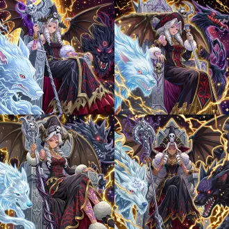 yu-gi-oh! trading card official art style, 1 mature elegant dark witch, white twin drill hair, bright red pupils, forehead rune mark, skull engraved dark bishop mitre, tattered dark brown bat wings on back, black luxurious gothic long dress with red patterns and gold trim, fluffy white cuffs, purple rune tattoos covering full arms and legs, gold jewelry, holding tall silver staff decorated with horned skull emblem, dark purple magic wisp coiling along staff, standing on ancient gray stone throne, translucent glowing white spirit wolf on left side, shadowy black demonic monster with glowing red eyes and sharp fangs on right side, dark nebula background with sparkling golden lightning, dark fantasy, bold cel shading, crisp black outlines, vibrant saturated colors, game card illustration, high detail