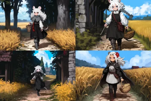 鼠耳鼠尾白毛少女，中世纪乡村小径，怀抱麦秆篮，娇小身形素衣，柔和日光斜照，石板路两侧麦田摇曳，复古胶片质感，浅景深35mm镜头，暖棕色调，宁静田园氛围，微风拂发丝，柔和光影交错，怀旧油画风格，麦穗细节丰富，步履轻盈。