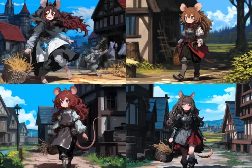 鼠耳鼠尾的娇小少女，棕色长发，穿着破烂布丁朴素服装，怀抱装满麦秆的篮子，漫步在中世纪乡村道路，石板路，木质房屋，远处田野，黄昏暖光，柔焦，35mm镜头，浅景深，自然光，柔和阴影，宁静氛围，怀旧色调，微风拂动发丝，泥土气息，质朴生活，温暖情感。