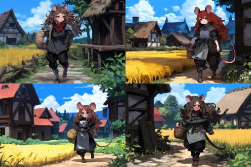 鼠耳鼠尾少女漫步中世纪乡村，棕色长发披肩，破烂布丁服装，娇小身材怀抱麦秆篮，石板路蜿蜒穿过田野，木质茅草屋点缀远方，柔和的夕阳暖光斜照。古朴乡村风格，浅景深，35mm胶片质感，自然光，宁静愉悦，土黄与橄榄绿主色调，微风中发丝轻扬，篮子麦秆细节丰富。