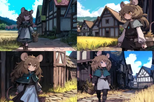 鼠耳鼠尾的娇小少女，棕色长发，穿着破烂布丁朴素服装，怀抱装满麦秆的篮子，漫步在中世纪乡村道路，石子路，木屋，麦田，夕阳，暖色调，柔焦，35mm镜头，侧光，宁静，怀旧，自然光，微风轻拂，麦浪起伏，柔和阴影，细节丰富，童话风格。