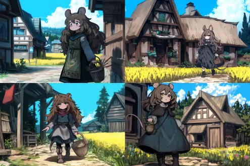 鼠耳鼠尾少女漫步中世纪乡村，棕色长发，破烂布丁朴素服装，怀抱装满麦秆的篮子，鹅卵石小路，木质房屋，麦田背景，柔和晨光，35mm镜头，胶片质感，浅景深，暖色调，宁静，怀旧