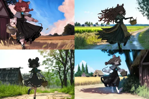 鼠耳鼠尾少女漫步中世纪乡村，棕色长发微扬，破烂补丁服装朴素自然，怀抱麦秆篮子，夕阳暖光斜照，尘土飞扬的小路，动态步履轻盈，广角镜头，逆光勾勒轮廓，柔焦背景，金色调，安宁与希望交织，微风拂动发丝，自然光晕，浅景深，乡村木屋与麦田远景。