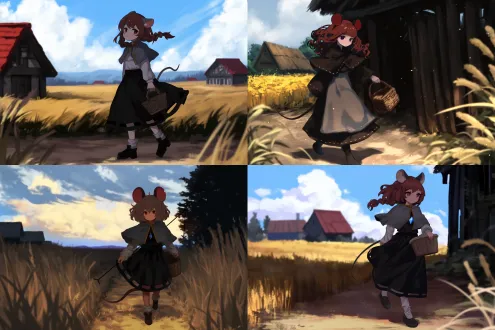 a girl with mouse ears and a mouse tail strolls through a medieval countryside. her brown hair slightly lifts, her simple and natural patched clothing, and she holds a straw basket. the warm glow of the setting sun casts a light, dust swirling on the path. her dynamic, light steps are captured in a wide-angle shot, with the silhouette outlined against the light, a soft blur in the background, in a golden hue. peace and hope intertwine, her hair swaying with the breeze, natural halos, shallow depth of field, a distant view of rural cabins and wheat fields.