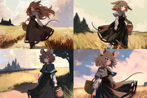 鼠耳鼠尾棕发少女，朴素补丁长裙，冷淡神情，怀抱麦秆篮子，中世纪乡间小路漫步，夕阳暖光，动态镜头，青草摇曳，远处城堡剪影，广角镜头，柔焦效果，金色色调，侧逆光，裙摆飘动，静谧田园氛围，忧郁情绪。