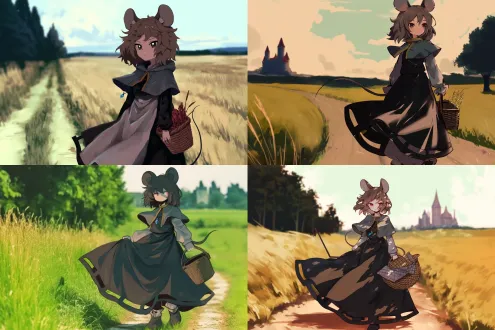 鼠耳鼠尾棕发少女，朴素补丁长裙，冷淡表情，怀抱麦秆篮子，中世纪乡间小路，青草摇曳，远处城堡，夕阳暖光，动态镜头，长焦拍摄，柔焦效果，黄金时刻光线，浅景深，自然色调，微风拂动裙摆，宁静氛围。