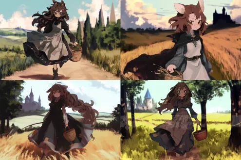 鼠耳鼠尾少女，朴素补丁长裙，棕发，冷淡神情，怀抱麦秆篮子，中世纪乡村小路，远处城堡，夕阳暖光，动态镜头，青草摇曳，自然主义风格，长焦镜头，柔和散景，金色色调，宁静氛围，无首饰，补丁细节，微风拂裙，低角度拍摄。