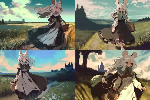 鼠耳鼠尾白发少女，朴素补丁长裙，冷淡表情，怀抱麦秆篮子，动态镜头，中世纪乡间小路，夕阳光，远处城堡，青草，自然光，暖色调，广角镜头，浅景深，柔和阴影，行走姿态，无首饰，宁静孤独感，田园风格，细节丰富。