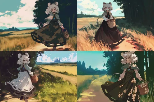 鼠耳鼠尾白发少女，身穿补丁长裙，怀捧麦秆篮，冷漠表情，中世纪乡间小路，夕阳暖光，青草摇曳，远处城堡剪影，动态镜头追踪，35mm胶片质感，浅景深，侧逆光，柔和阴影，大地色系，宁静孤独氛围