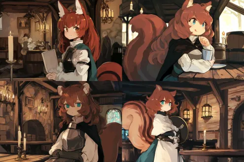 红发少女松鼠耳松鼠尾，手持盾牌短剑，中世纪酒馆内点餐，木桌烛光，橡木桶背景，复古黄铜吊灯，温暖火炉，皮革铠甲，俏皮微笑，酒馆喧嚣，深褐色调，柔焦效果，中世纪奇幻风格，柔和侧光，高细节纹理，动态构图，轻松氛围。