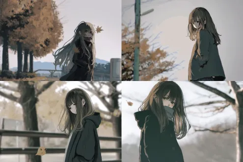 忧郁感美少女站在落满秋叶的街道上，夕阳余晖，长发飘飘，眼神忧伤，穿着深色风衣，手持一片落叶，暖色调，逆光拍摄，浅景深，柔焦效果，金黄色树叶铺满地面，微风吹拂，孤独氛围，35mm镜头，低饱和度，电影质感，光影交错，沉思姿态，秋日萧瑟，情绪摄影