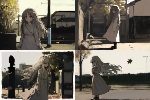 忧郁感灰发美少女，夕阳下在落满秋叶的街道上站立，长发飘逸，身穿浅色长裙，低头沉思，柔和光线，金黄色调，浅景深，长焦镜头，逆光拍摄，秋叶飘落，温暖氛围，孤独情感，唯美风格