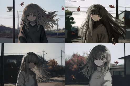 忧郁感灰发美少女，夕阳下在落满秋叶的街道上站立，长发飘逸，身着宽松米色针织衫，眼神低垂，秋叶纷飞，金黄与橙红交织，柔和逆光，浅景深，85mm镜头，胶片质感，温暖色调，孤独氛围，微风拂过，落叶旋转，宁静而忧伤。