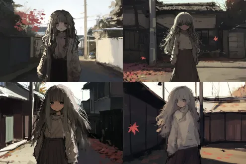 忧郁感灰发美少女，夕阳下在落满秋叶的街道上站立，长发微卷，穿着宽松米色毛衣和棕色长裙，眼神略带忧伤，金黄光线透过树叶洒在身上，街道两侧是复古砖墙和秋叶堆，柔和暖色调，浅景深，85mm镜头，逆光拍摄，微风轻拂发丝，孤独氛围，宁静而深沉