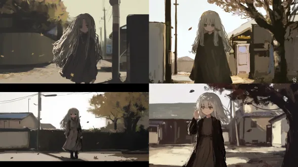 忧郁感灰发美少女，夕阳下在落满秋叶的街道上站立，柔焦效果，温暖色调，长焦镜头，逆光，金色光晕，微风轻拂发丝，落叶飘散，孤单背影，深邃眼神，淡紫色连衣裙，胶片质感，低饱和度，宁静氛围，柔和阴影，怀旧风格