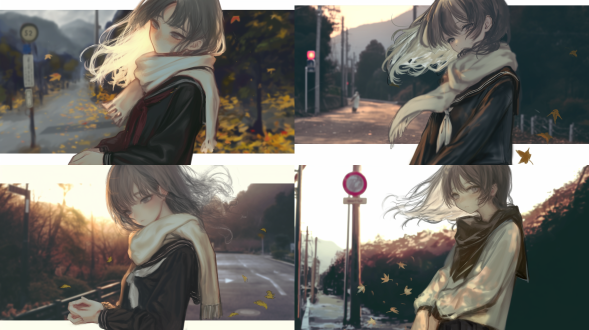 忧郁美少女，中长发灰发，灰色瞳孔，站在落满秋叶的城市街头，微风拂动发丝，黄昏光线，长焦镜头，浅景深，低饱和度，柔和阴影，孤独氛围，暖色调，落叶飘散，城市背景虚化，细腻皮肤质感，侧逆光，忧郁表情，双手轻握，简约服饰，冷色调围巾